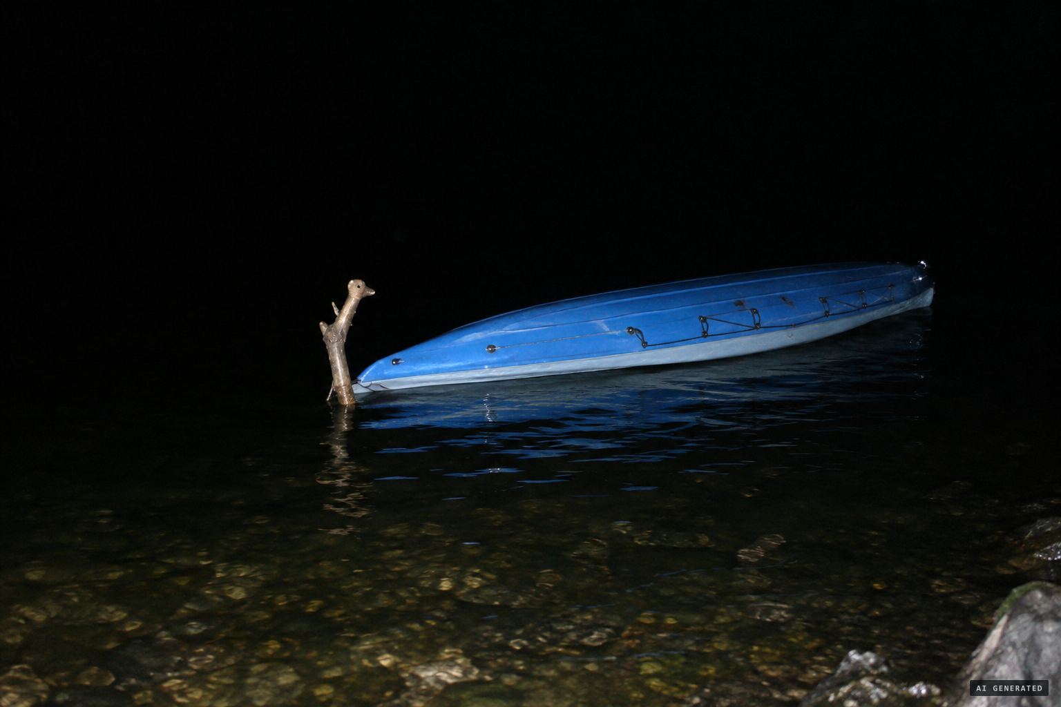 Raynor's night photograph of an upturned Tyne Prefect kayak