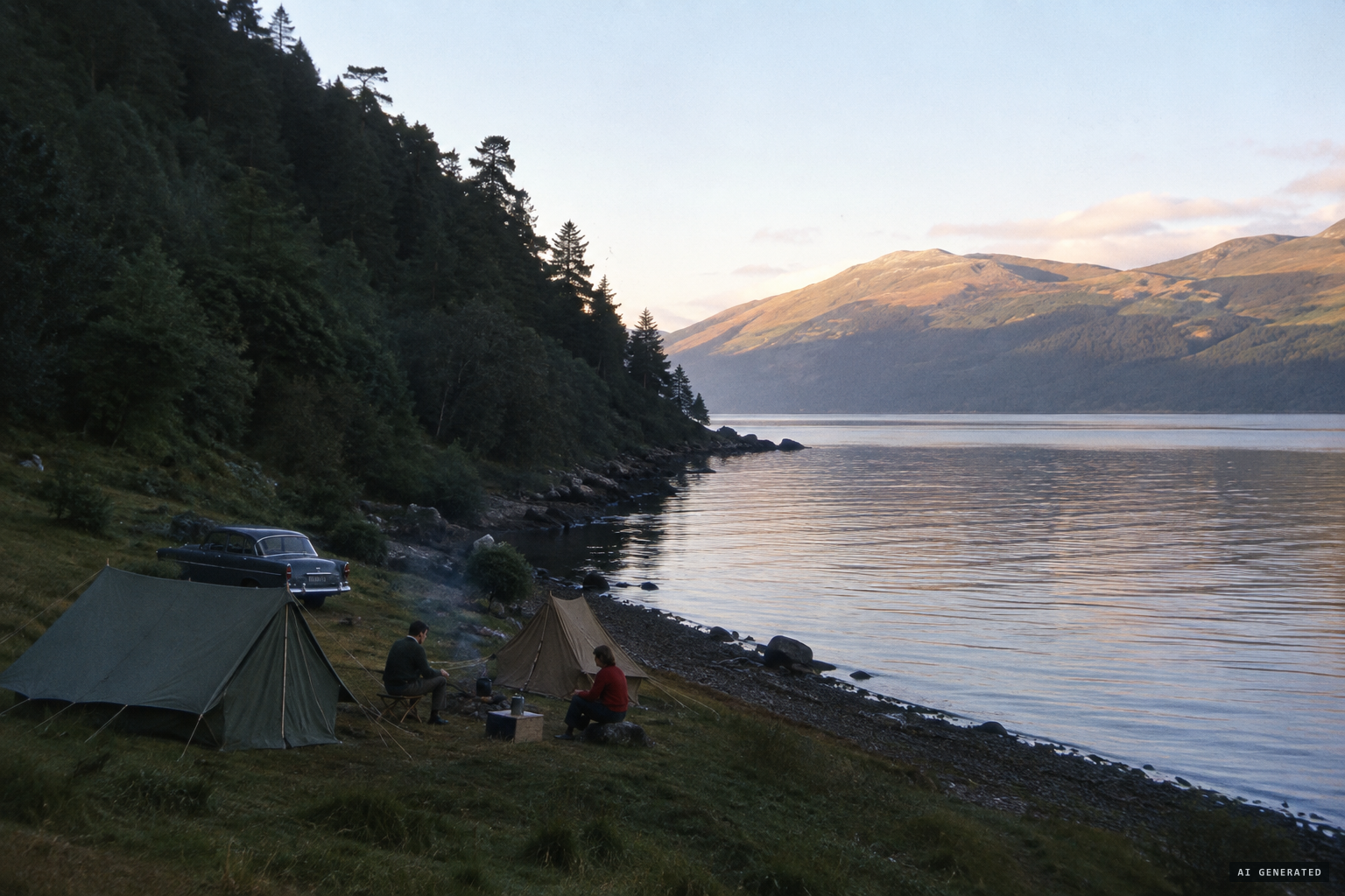 The camp under the hill, still in shadow or half-light
