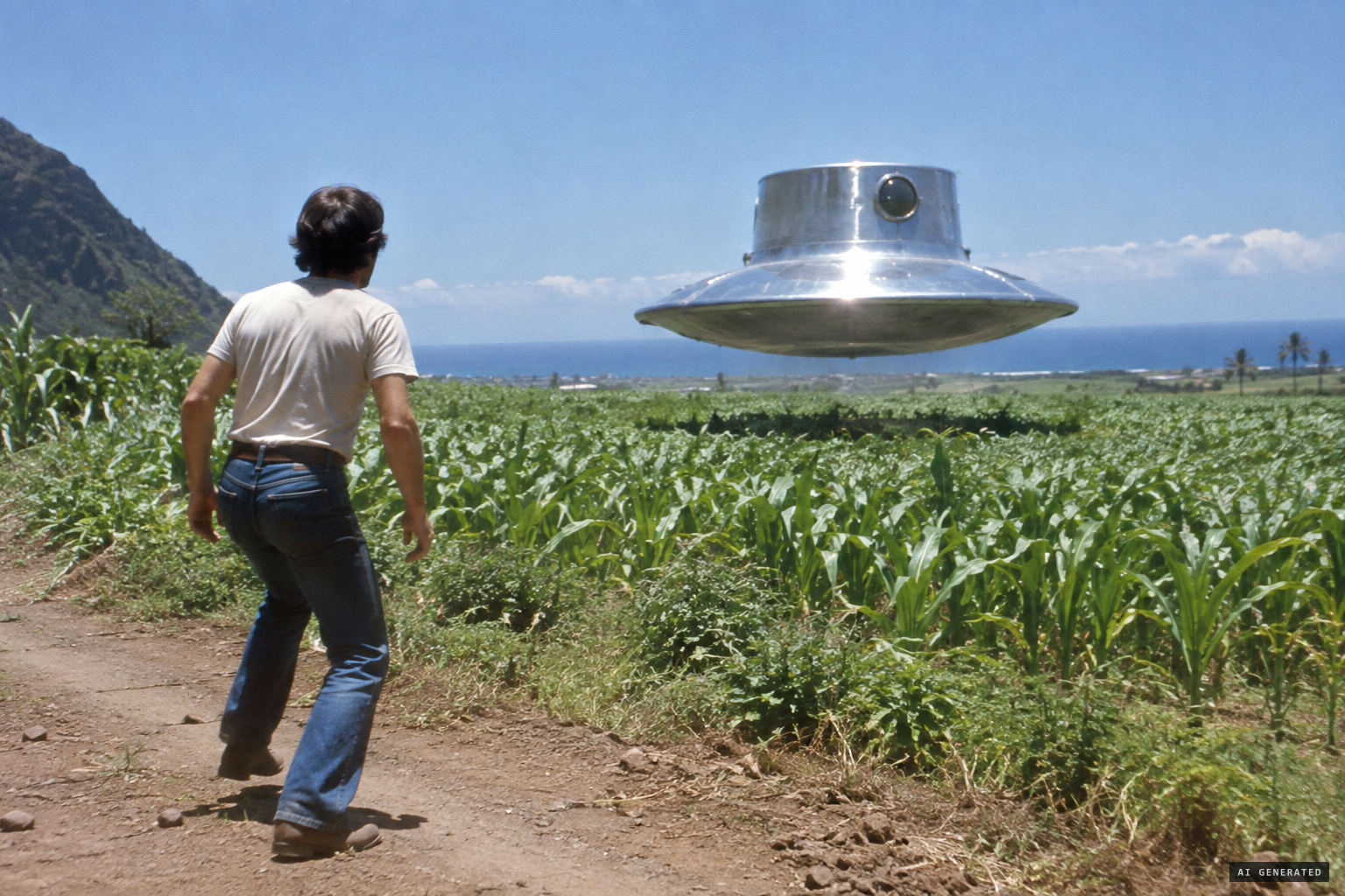 A shiny hat-shaped craft hovers over the cornfield