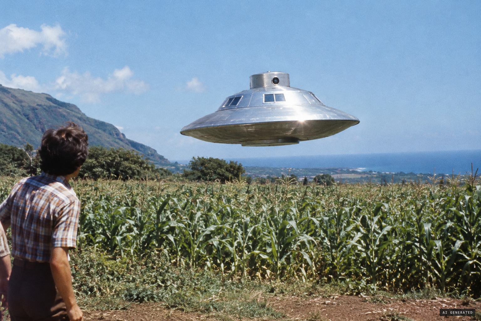 The hat-shaped craft hovering over the cornfield