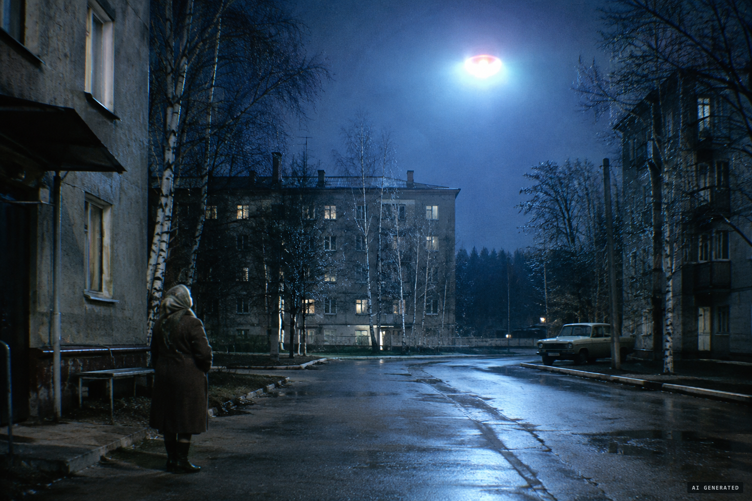 A silent red object with a bluish-white glow lights the ground like a full moon