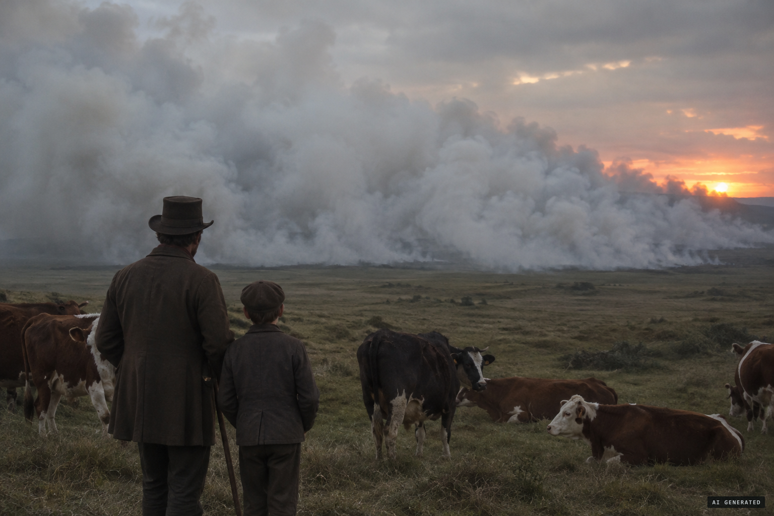 An impervious column of smoke spreads over the plain and hides the scene