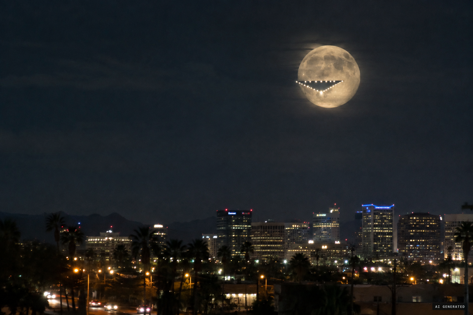 Over Phoenix the V crosses the Moon, showing horizontal waves