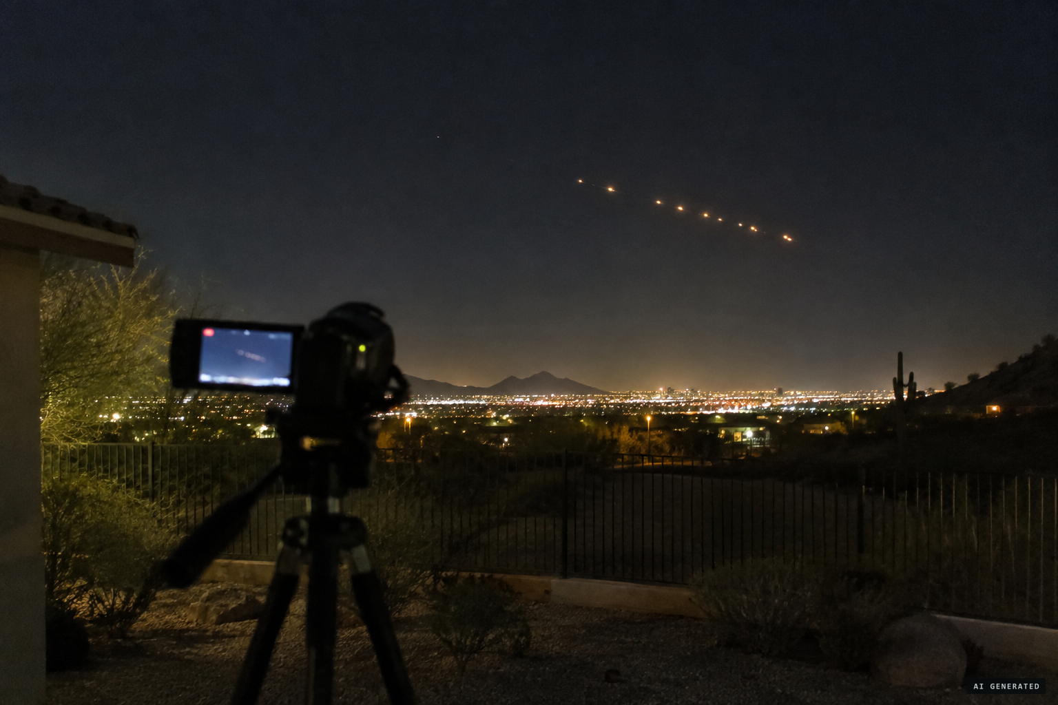 A slanting row of bright lights filmed from Moon Valley around 10 pm