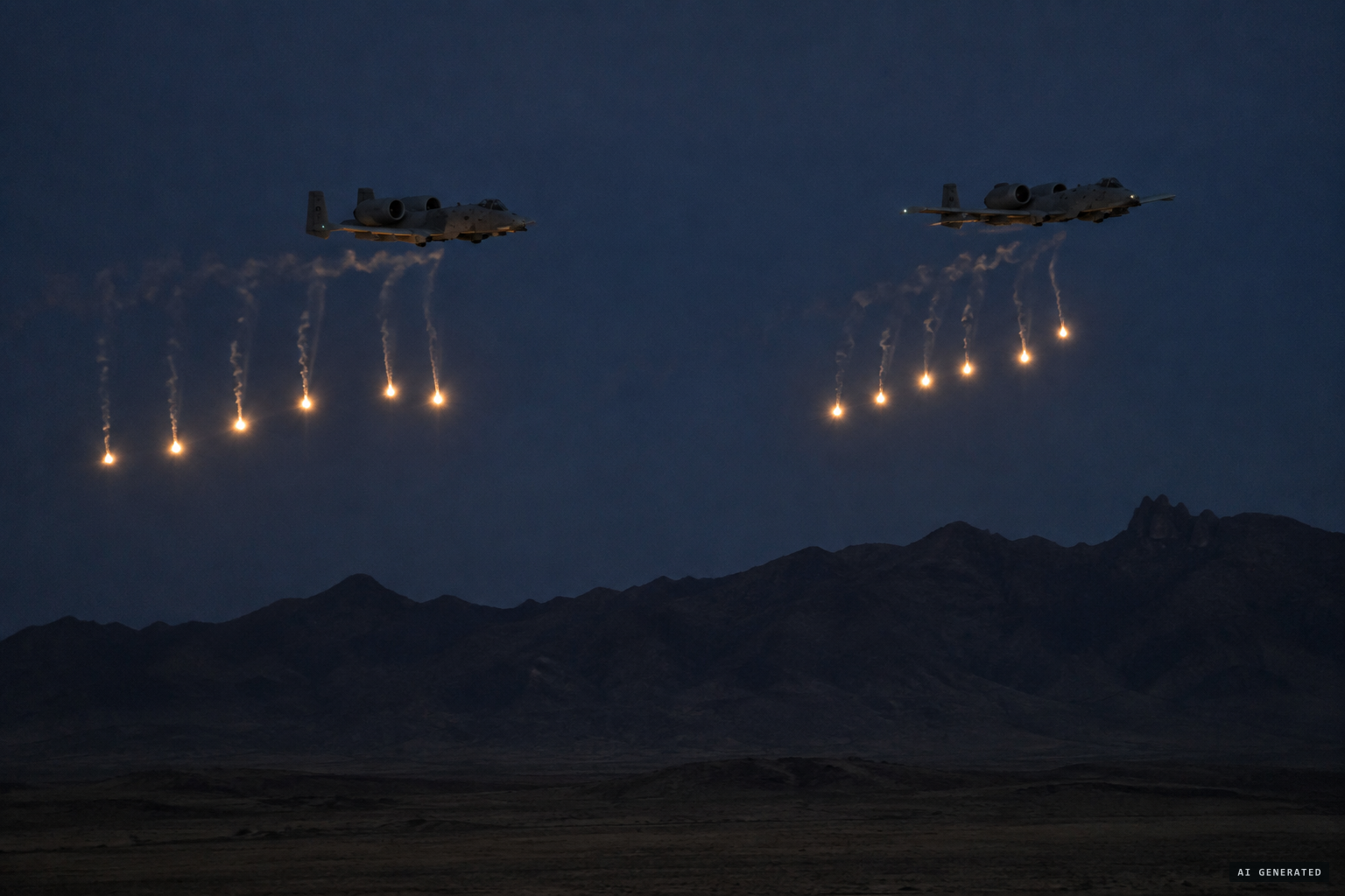 A-10s dropping flares over a range southwest of Phoenix