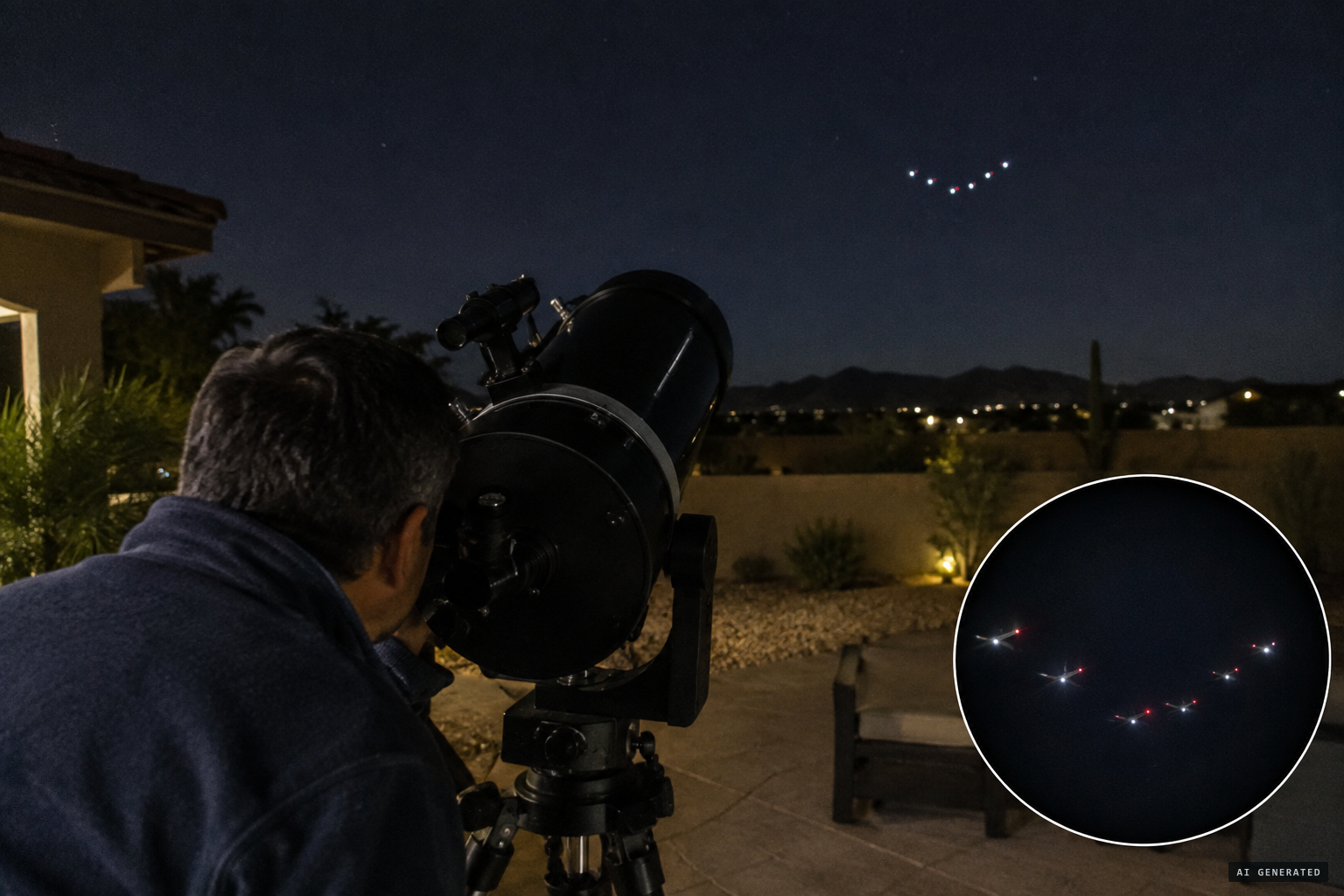 An amateur astronomer sees planes in formation through his telescope