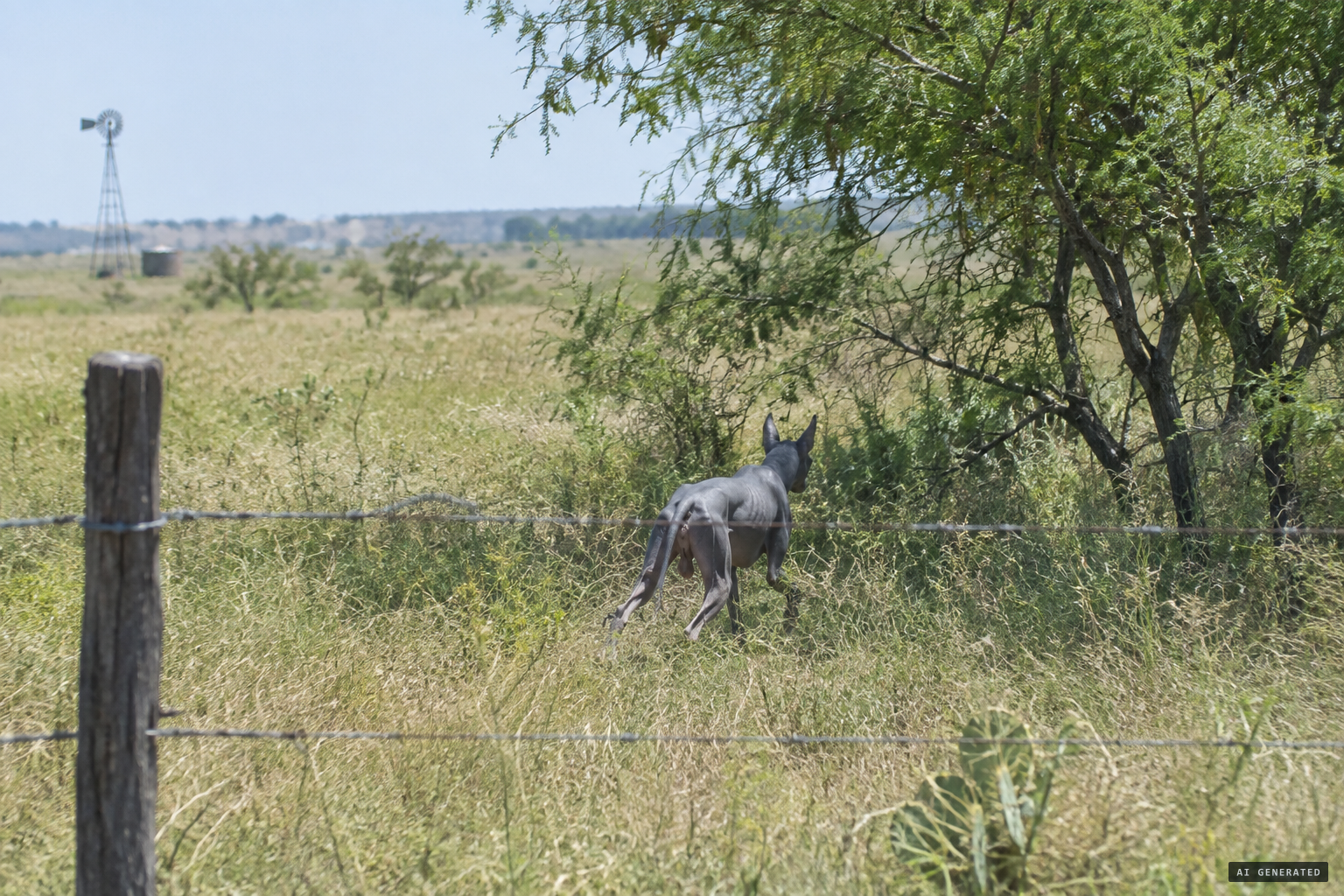 In broad daylight, a hairless blue-gray canine figure slips through the ranch pastures