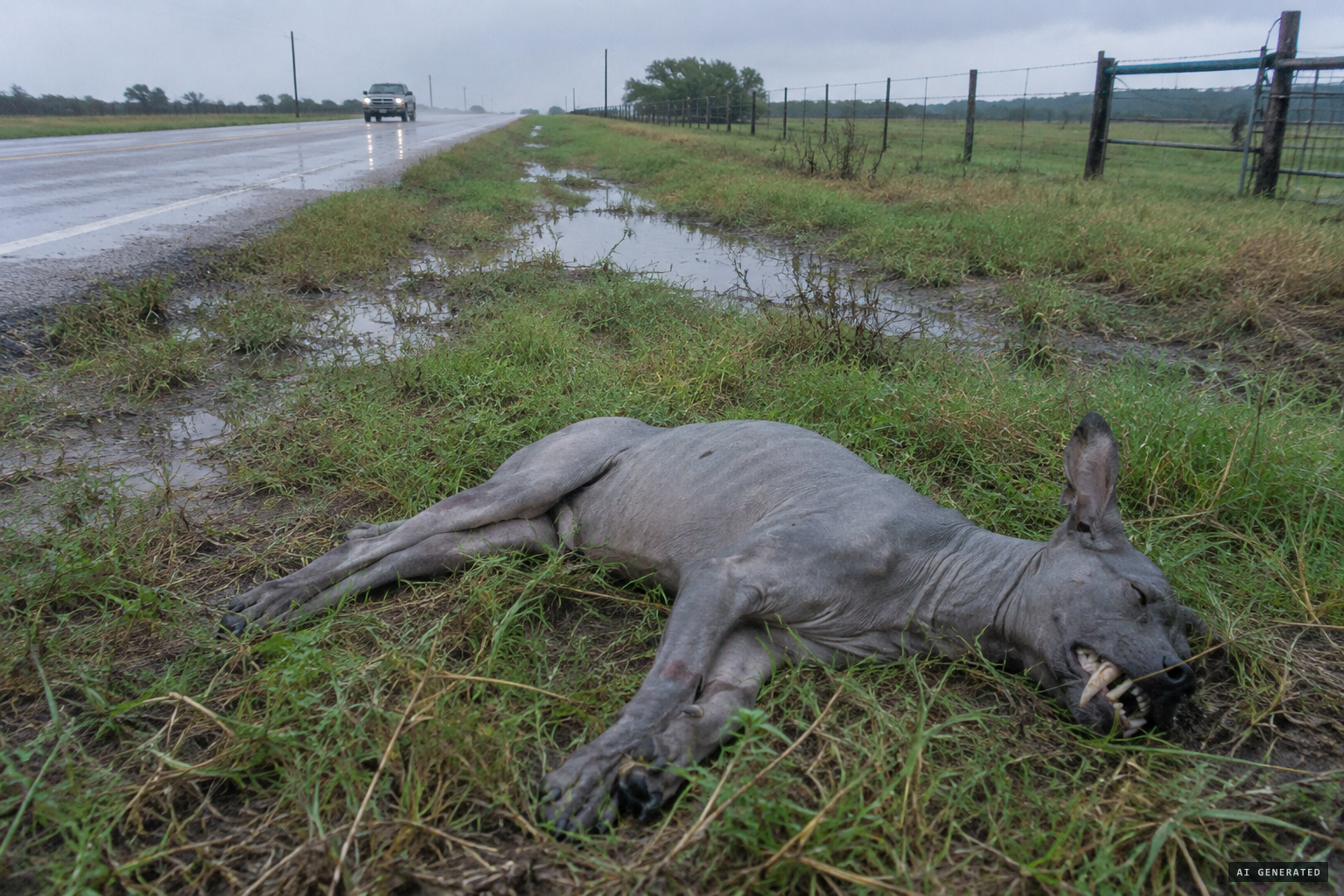 One of three hairless grayish-blue carcasses found by Highway 183