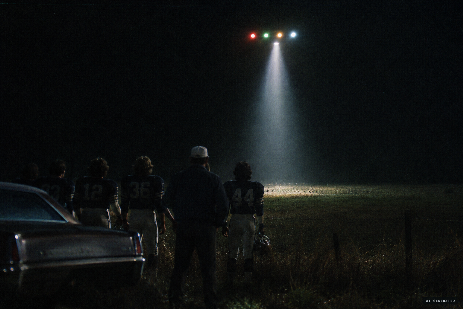 Four porthole lights and a shaft of light hover silently over the field