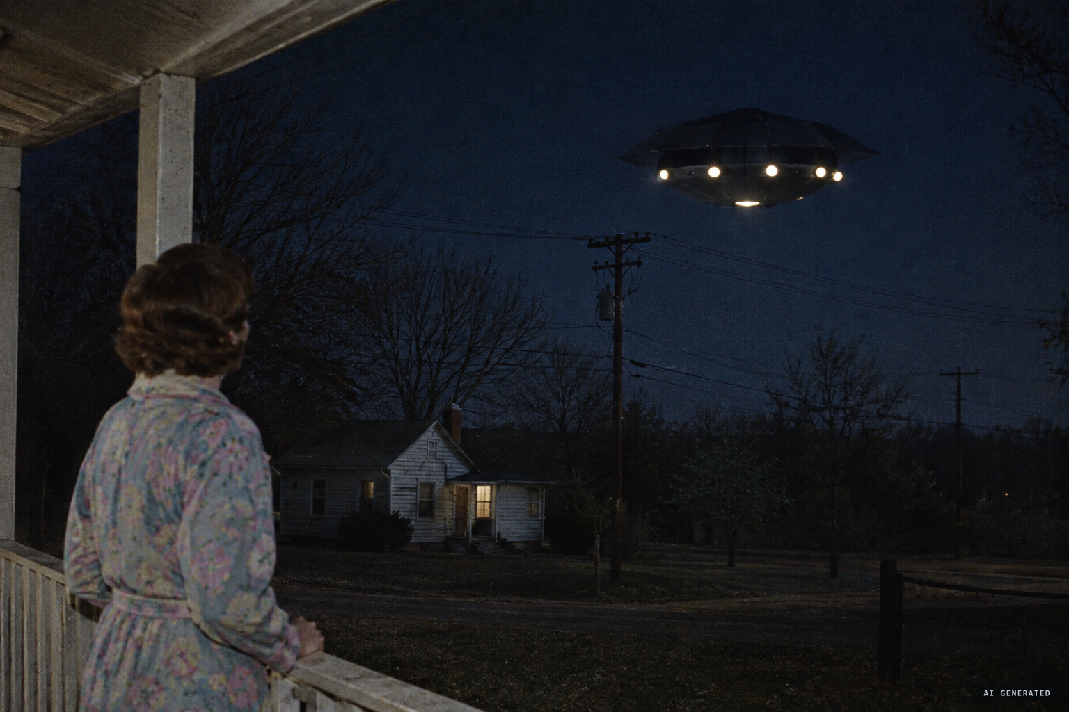 Edith Boatwright watches a craft with lit portholes over the power lines
