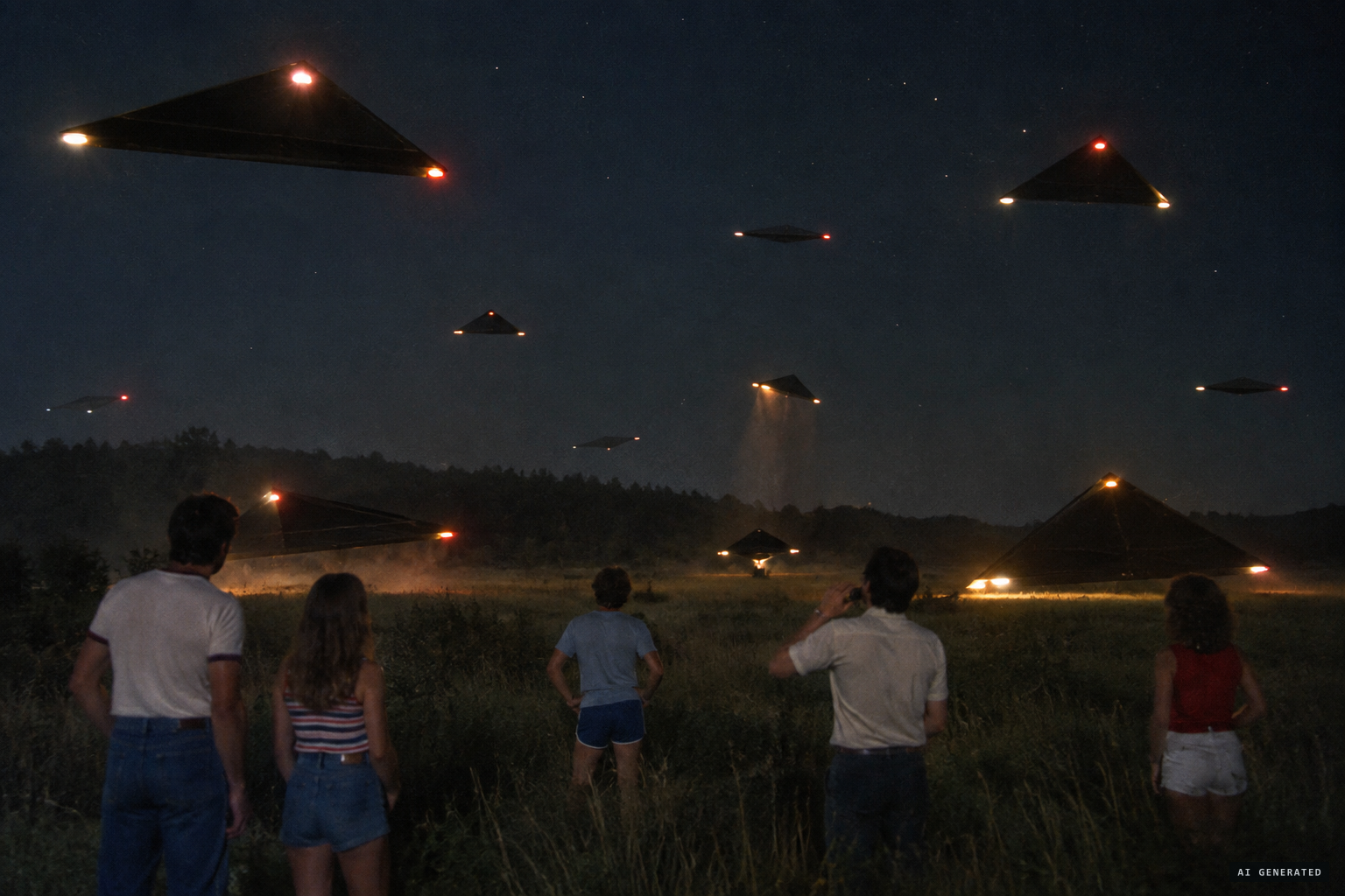 A dozen triangular ships surround Crystall and her companions, landing and taking off