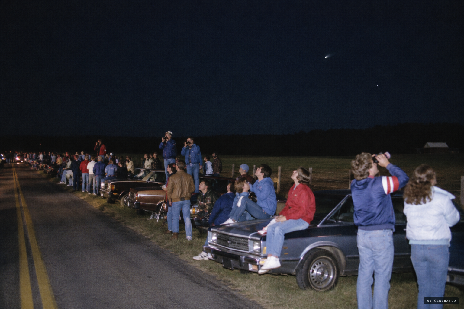 Hundreds of skywatchers line West Searsville Road at night