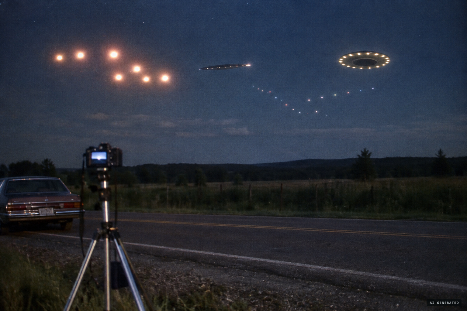 Circular craft, cigar shapes and bright orbs in formation