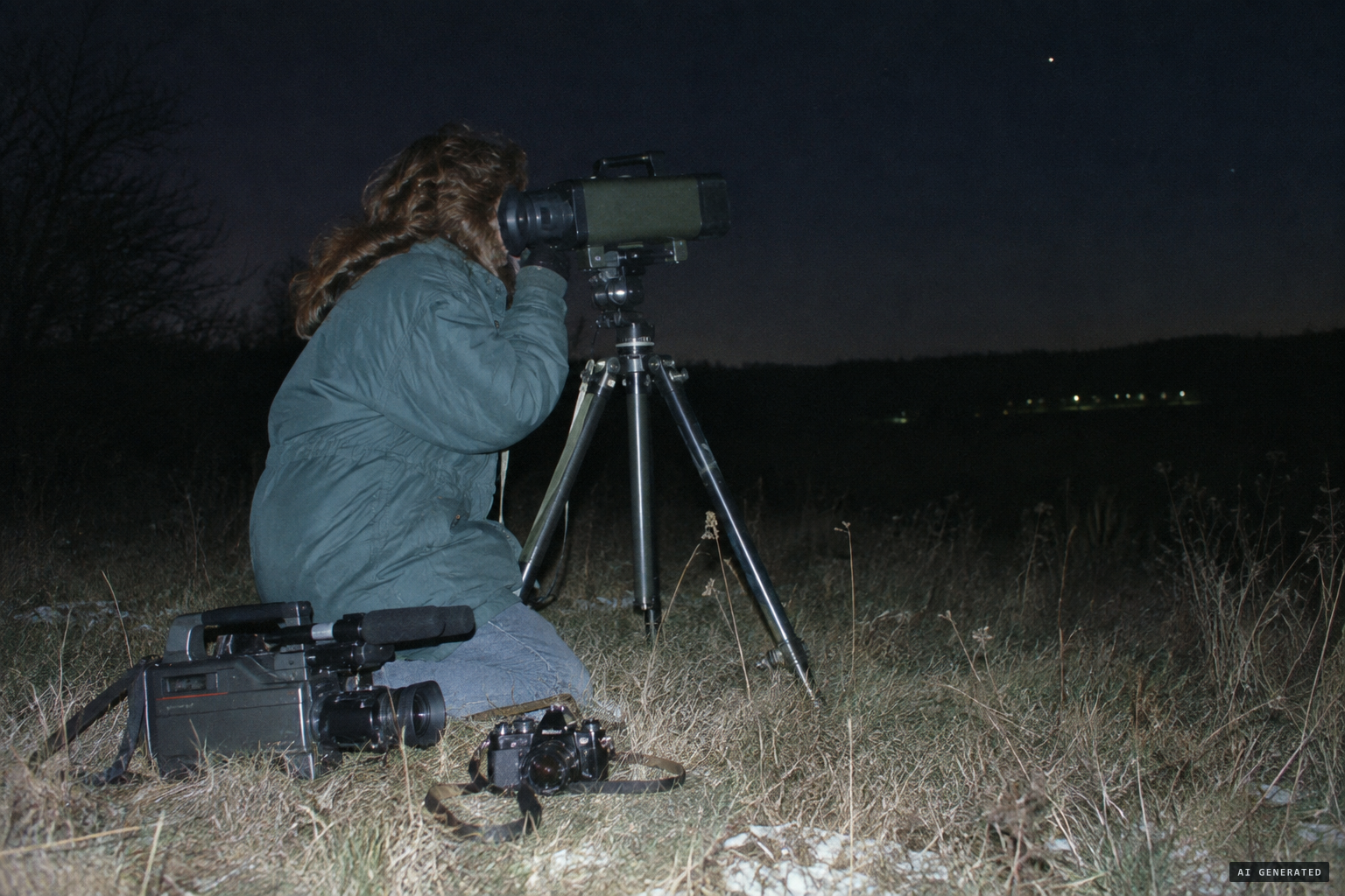 Crystall watching the sky with an infrared scope and cameras