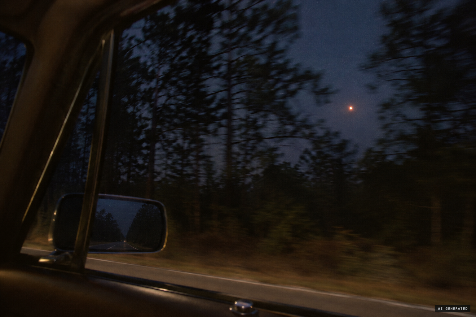 Mars near opposition, seen through trees from a moving car