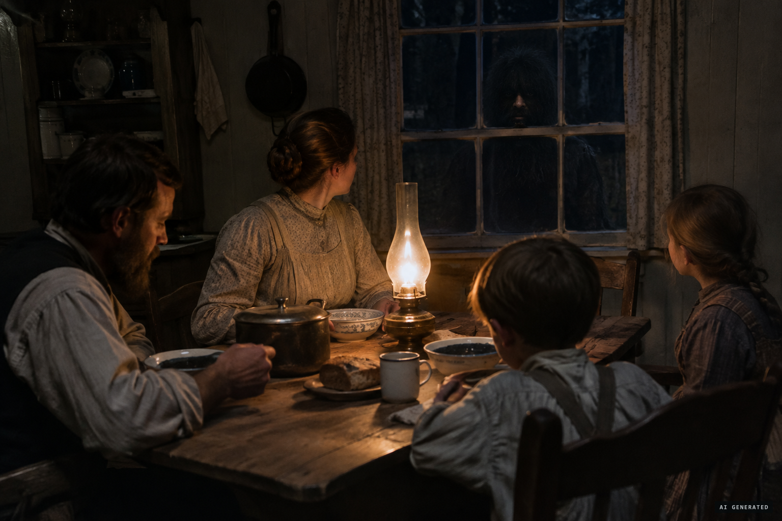At late supper, a hair-covered face appears at the window