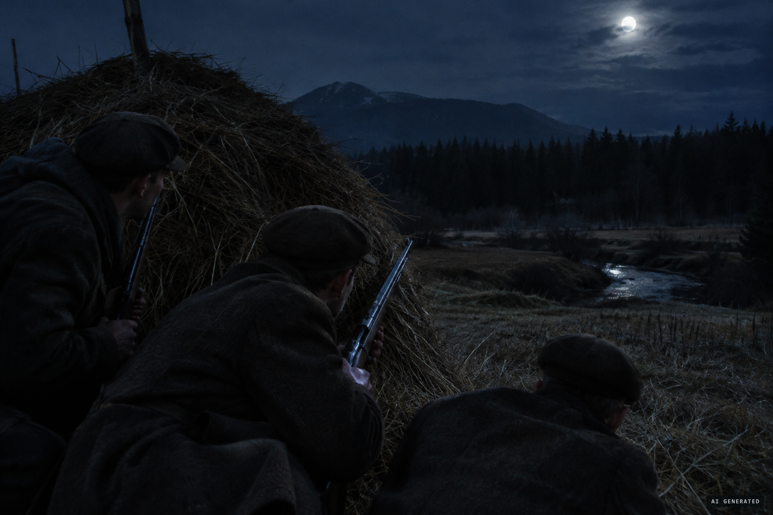 The second night, the men keep watch from behind a haystack