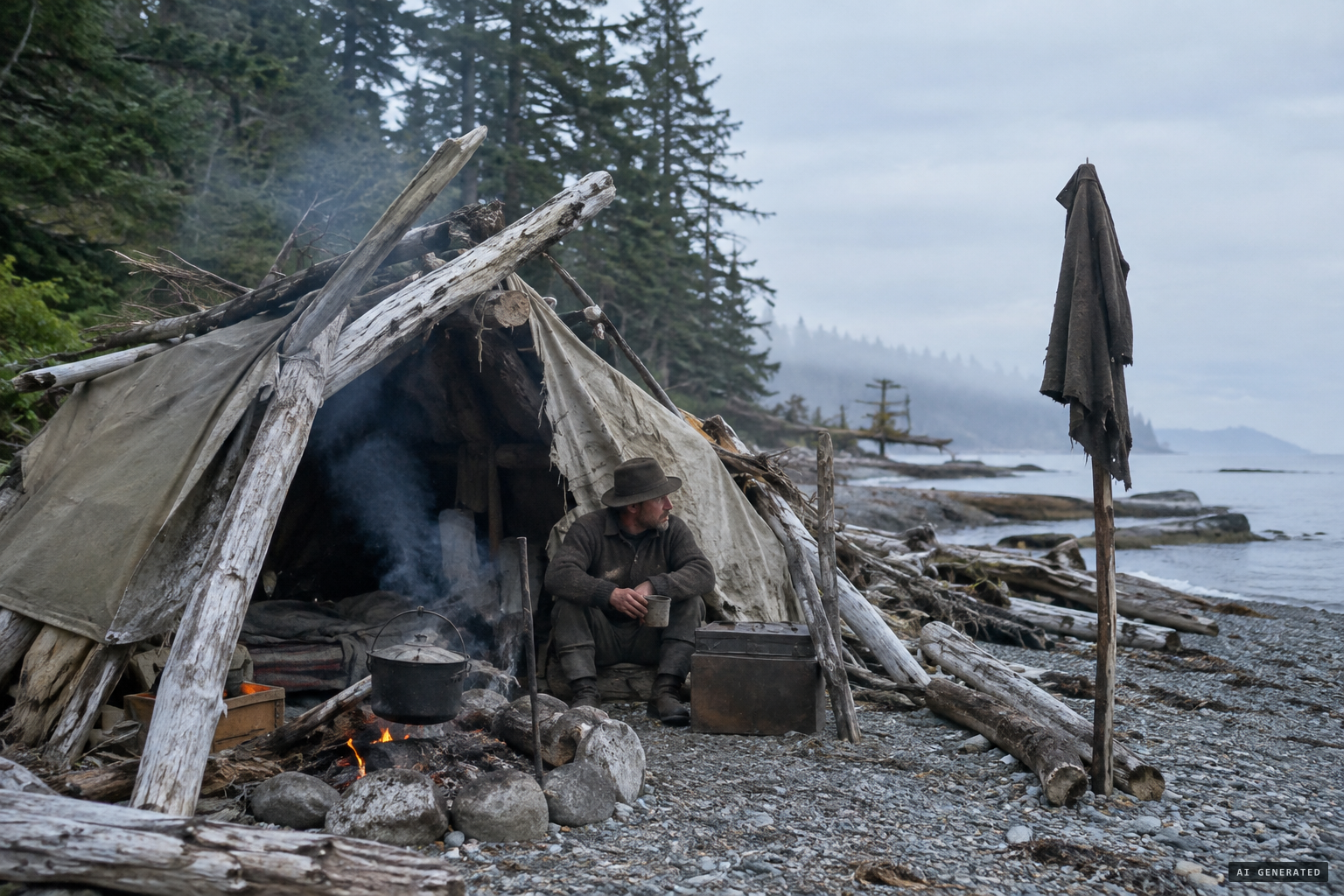 A hermit, fugitive or castaway living rough?