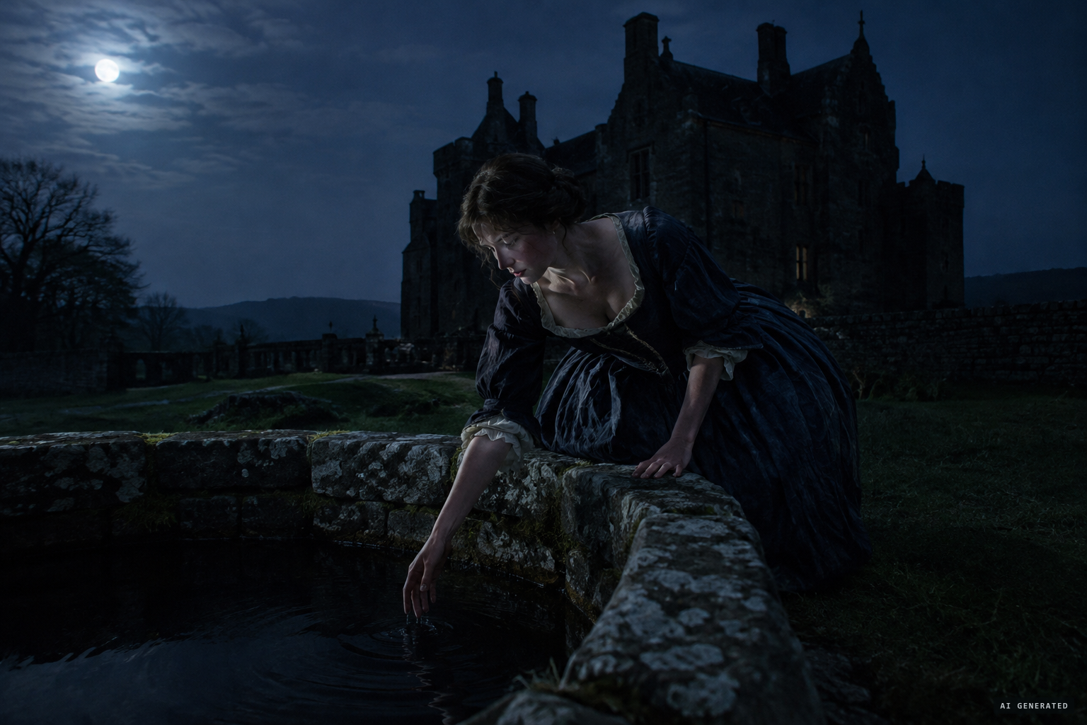 Lady Dorothy Trevor searching the well for her buried jewels