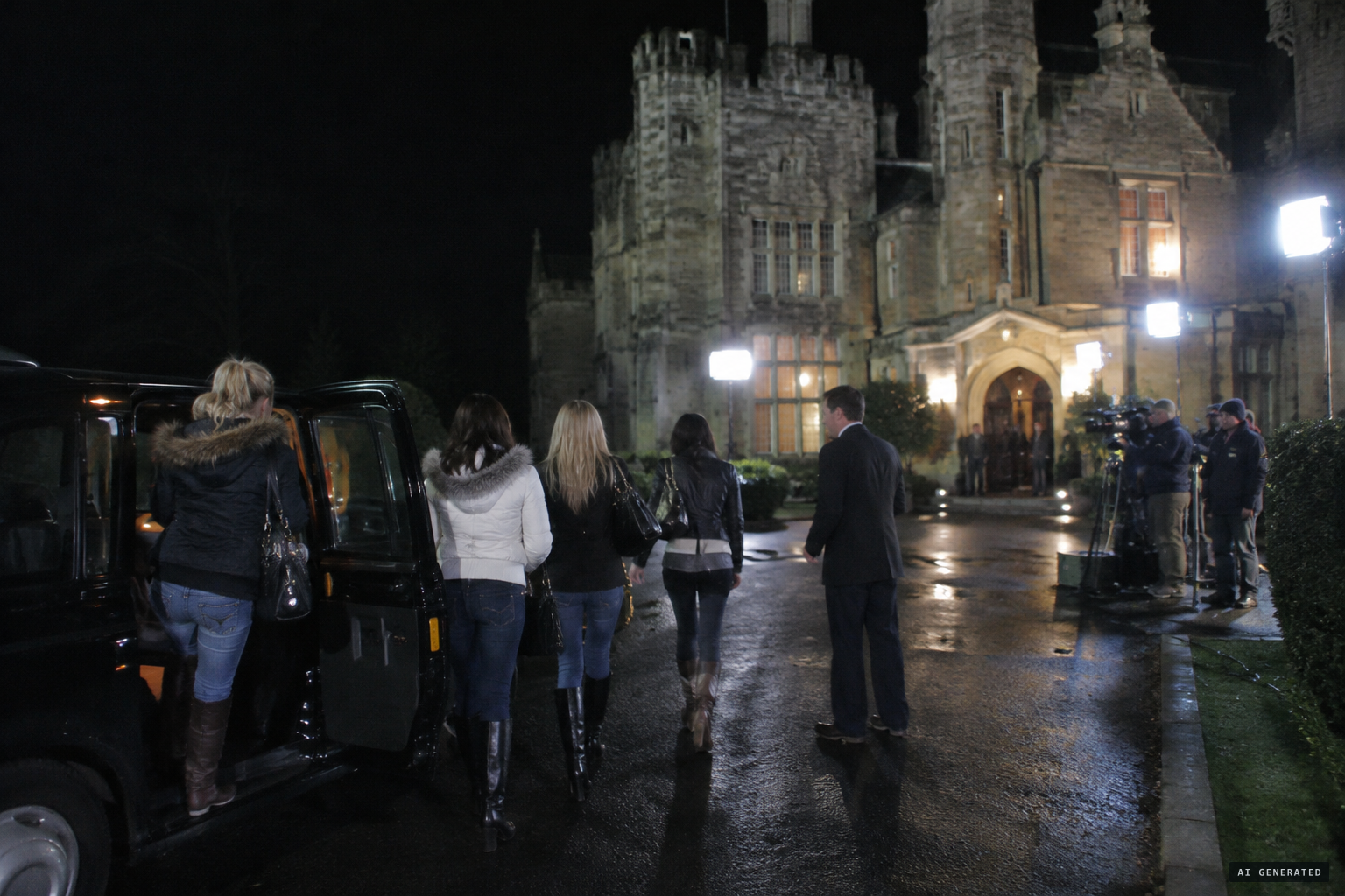 Four members of Girls Aloud arrive with Yvette Fielding