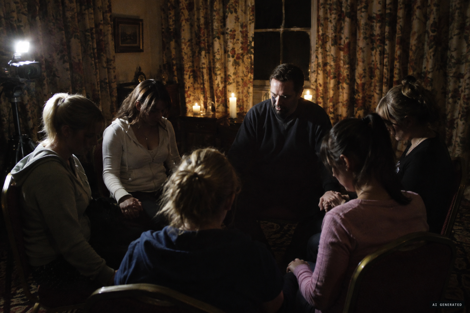 The séance circle in the chintz-curtained room