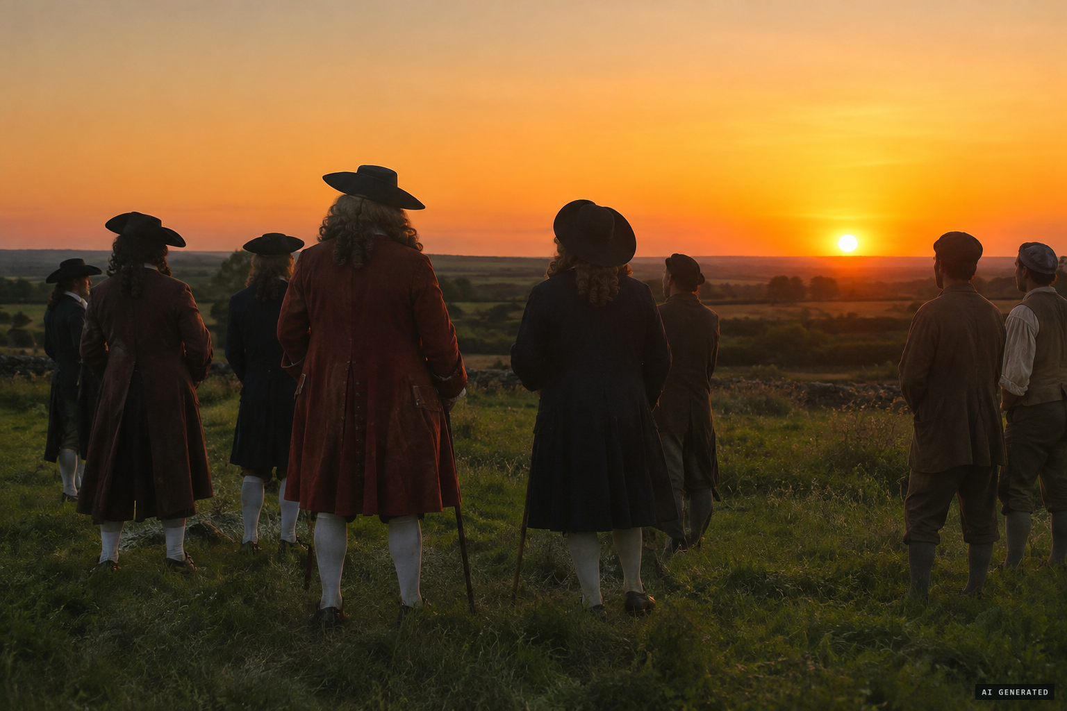 Gentlemen and others walk into the fields to watch a clear, calm sunset
