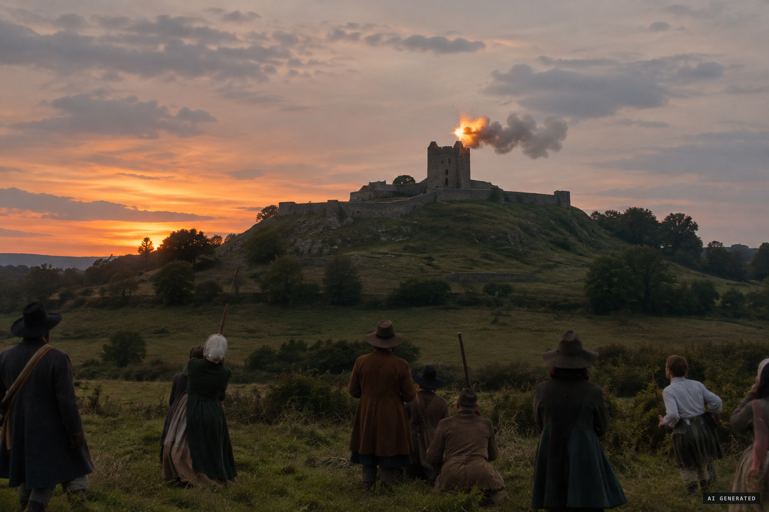 A fort with a castle on top, then smoke and a flash of fire