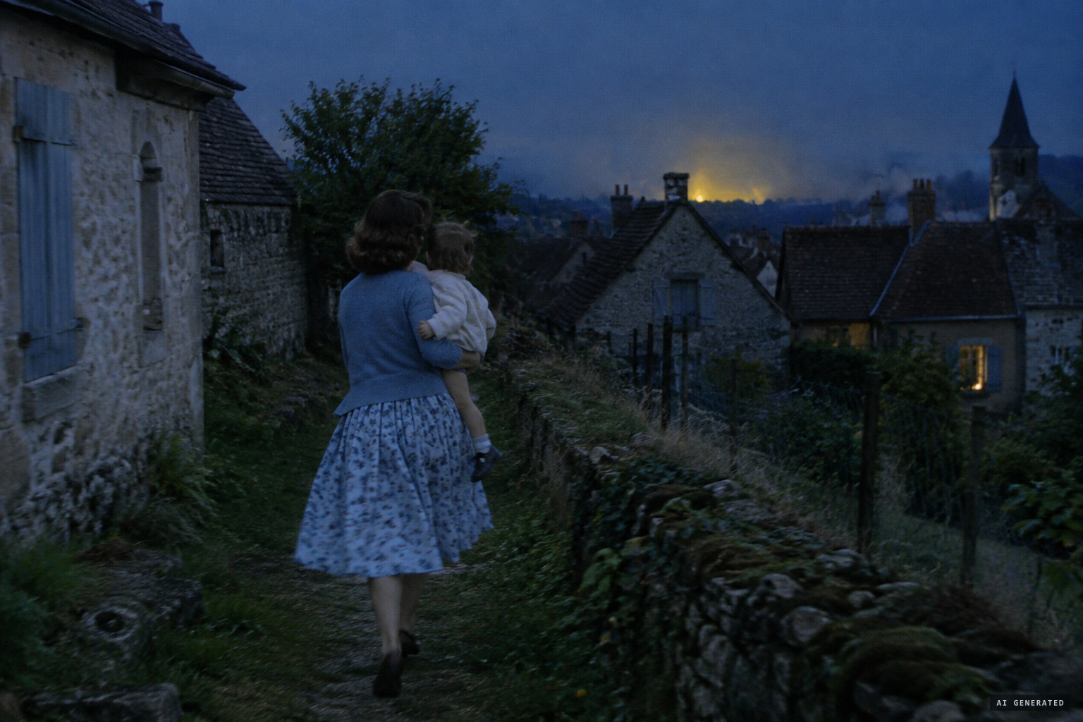 She flees with her child to a neighbour's house, going around the back
