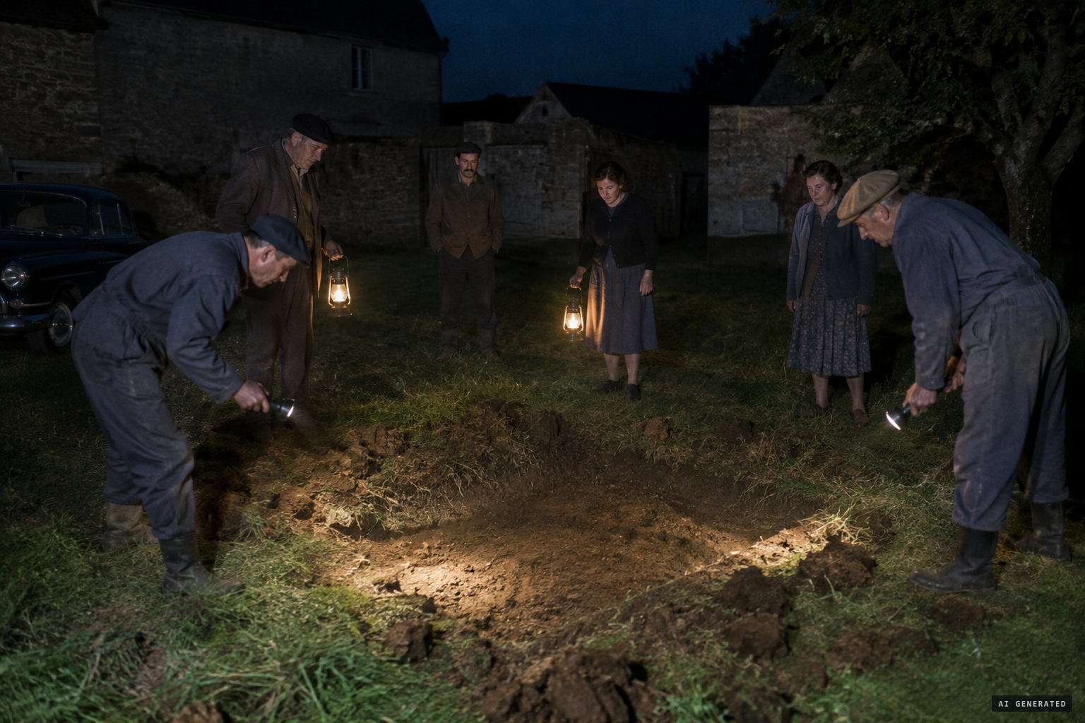 Neighbours find a dug rectangle with clods thrown out in a circle