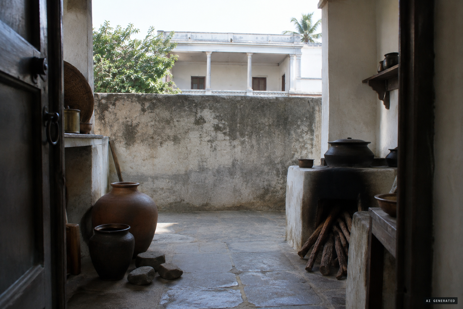 The first stones land at the kitchen; no one is on the terrace opposite