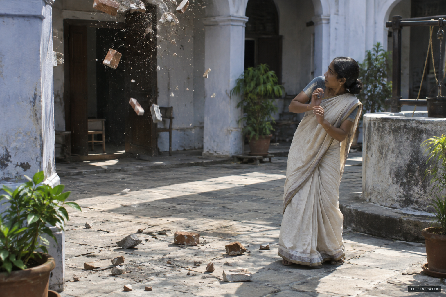 Stones and brick fall in the courtyard; one strikes Datta's arm