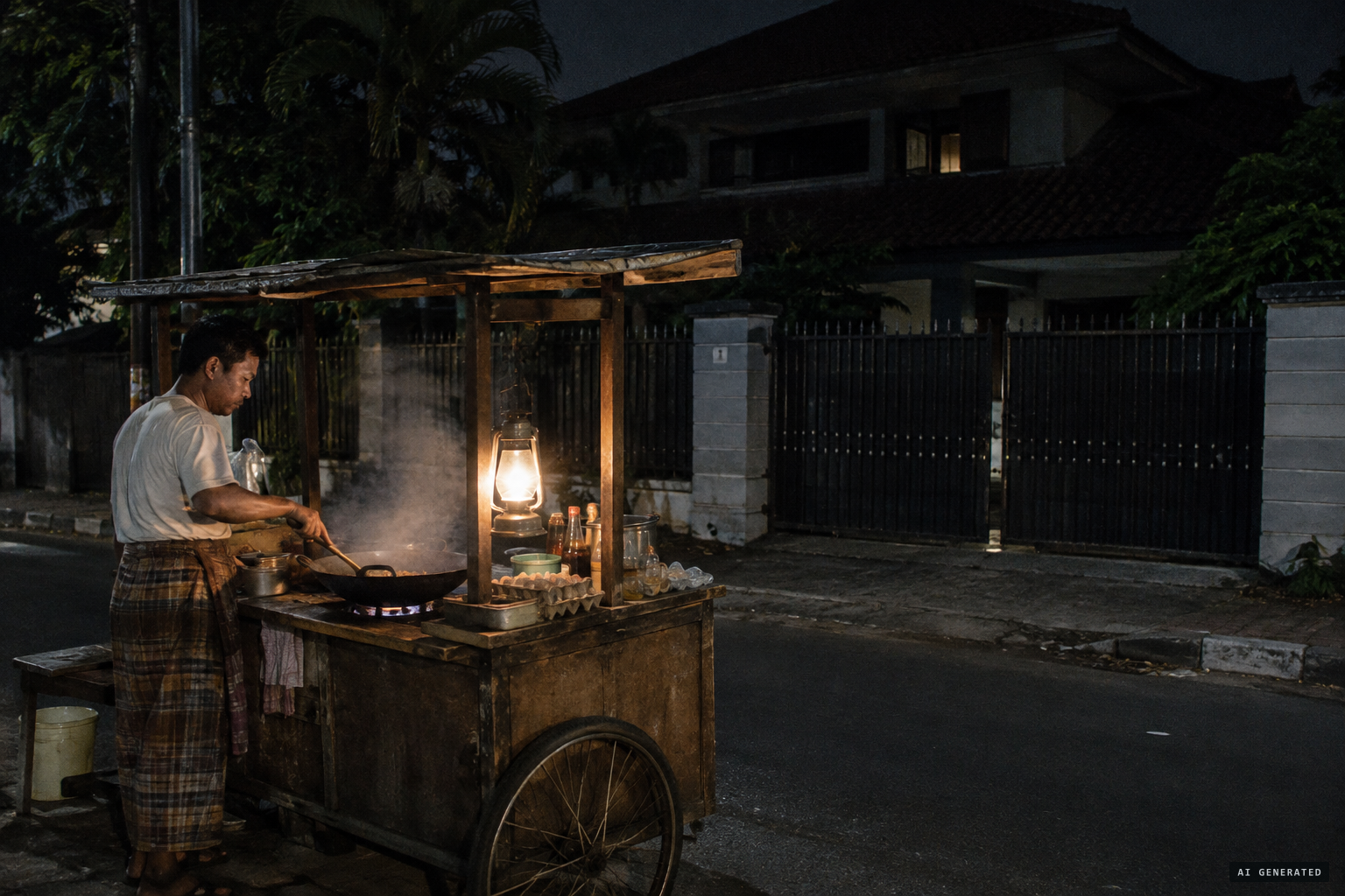 A fried-rice seller serving customers at night outside the empty house