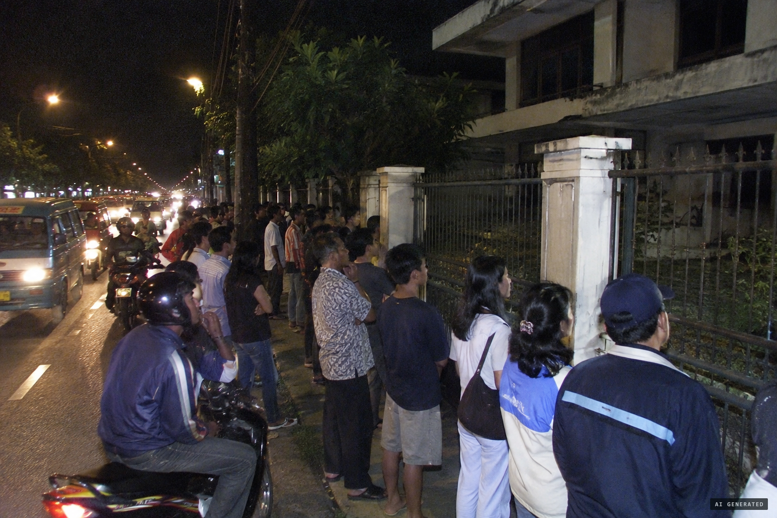 Crowds gather outside the house as traffic backs up for about a kilometre