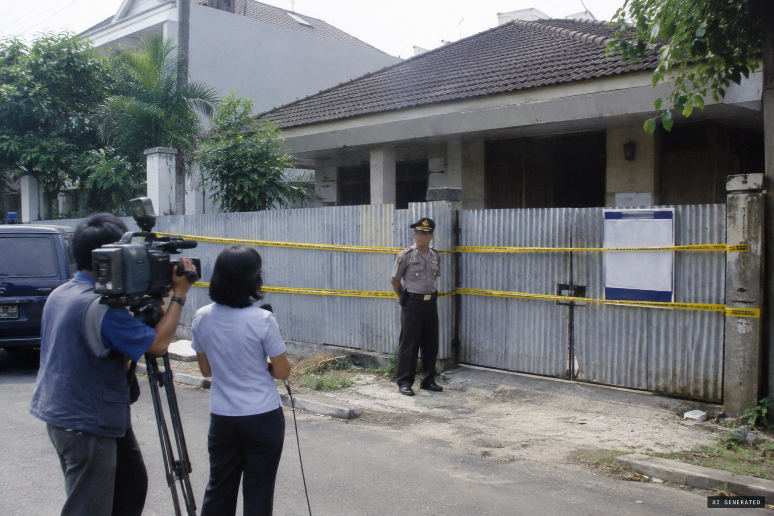 Police tape for security and a notice placing the house under Bank Mandiri's control