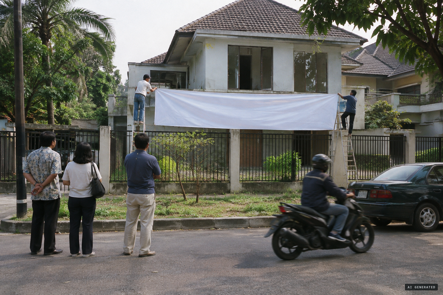 Authorities hang a banner saying the ghost tale is only a rumour
