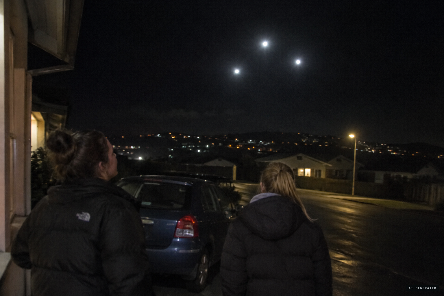 Leaving home in the dark, the witness notices three large lights above the town