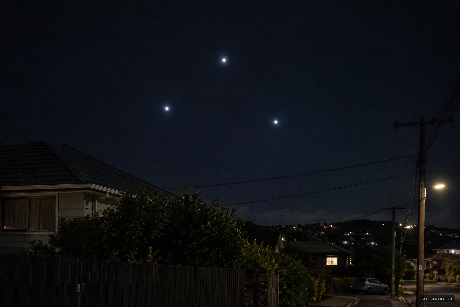 The three lights stay still in the sky; not plane lights, the cousins agree