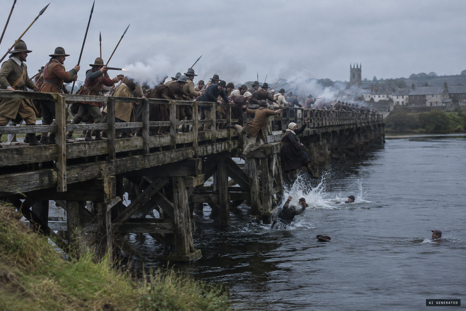About 100 Protestant settlers forced off Portadown bridge into the River Bann, November 1641