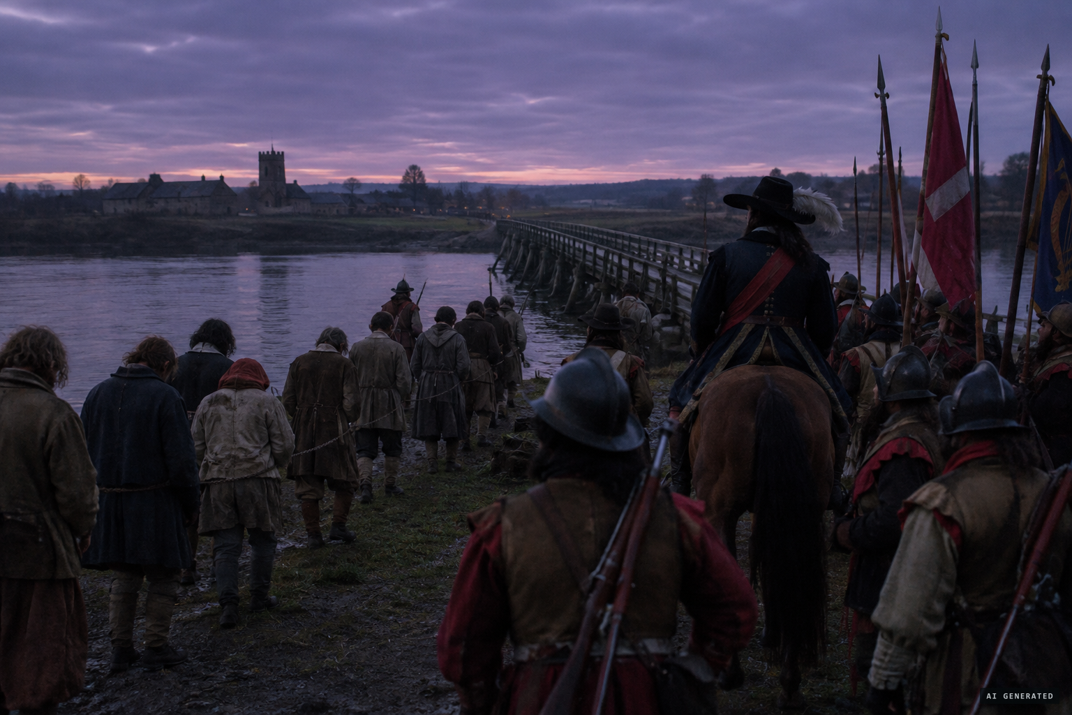 Prisoners brought to Portadown bridge at twilight, where Owen Roe O'Neill's troops gathered by the water