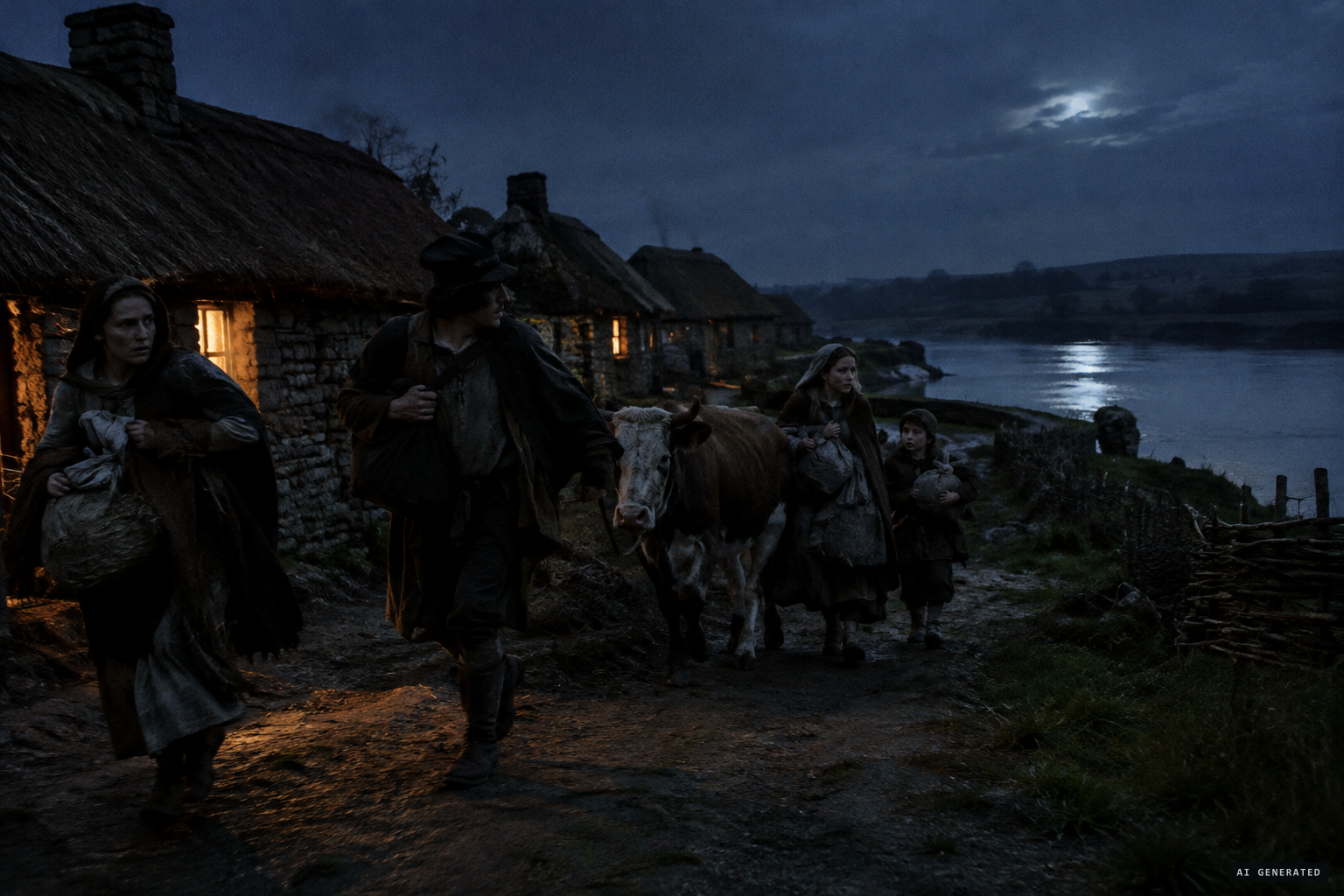 Frightened Irish families flee the empty English houses near the river