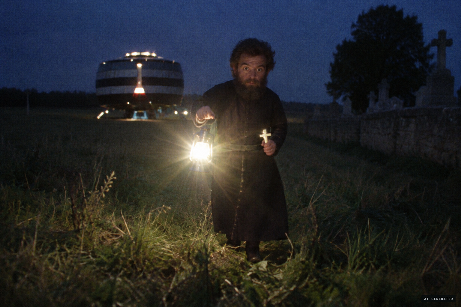 The small being in a black cassock approaches with a dazzling lamp