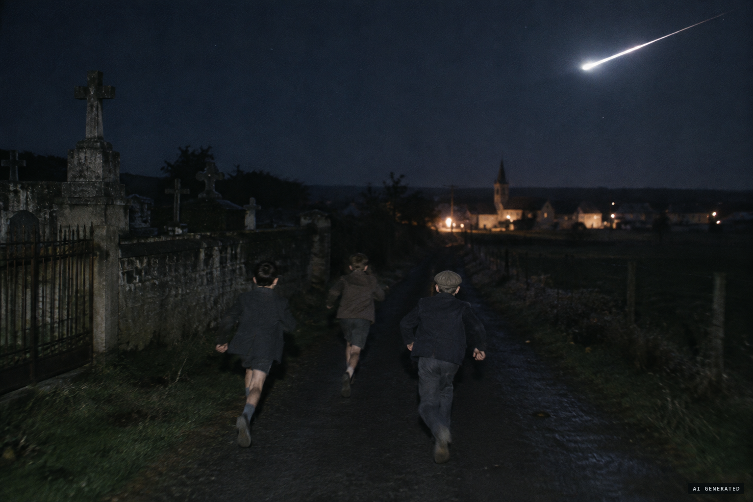 The lamp goes out, the boys run, and a bright light flies away very high and fast