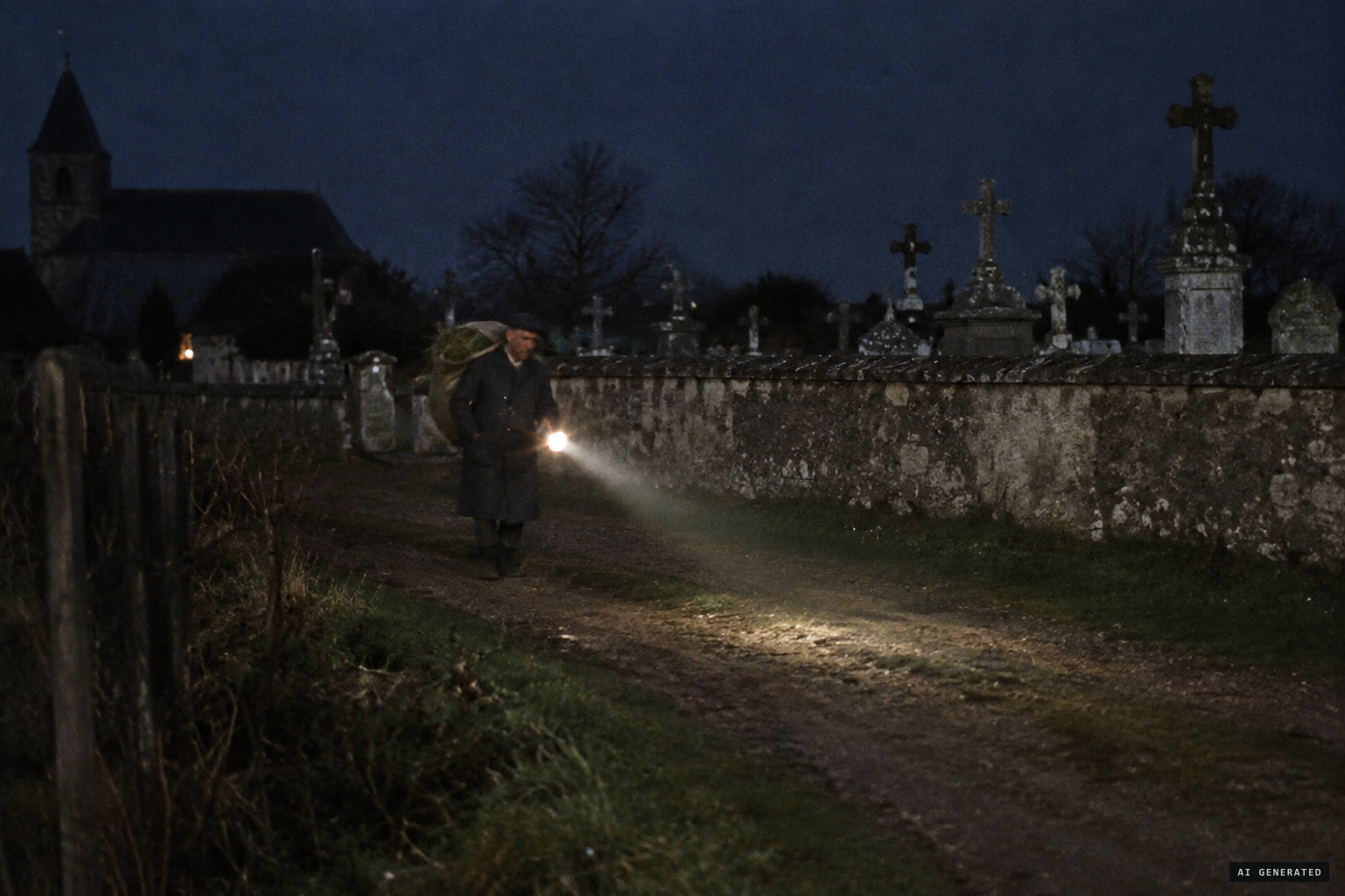 The paper's explanation: a villager collecting grass for his rabbits with a flashlight
