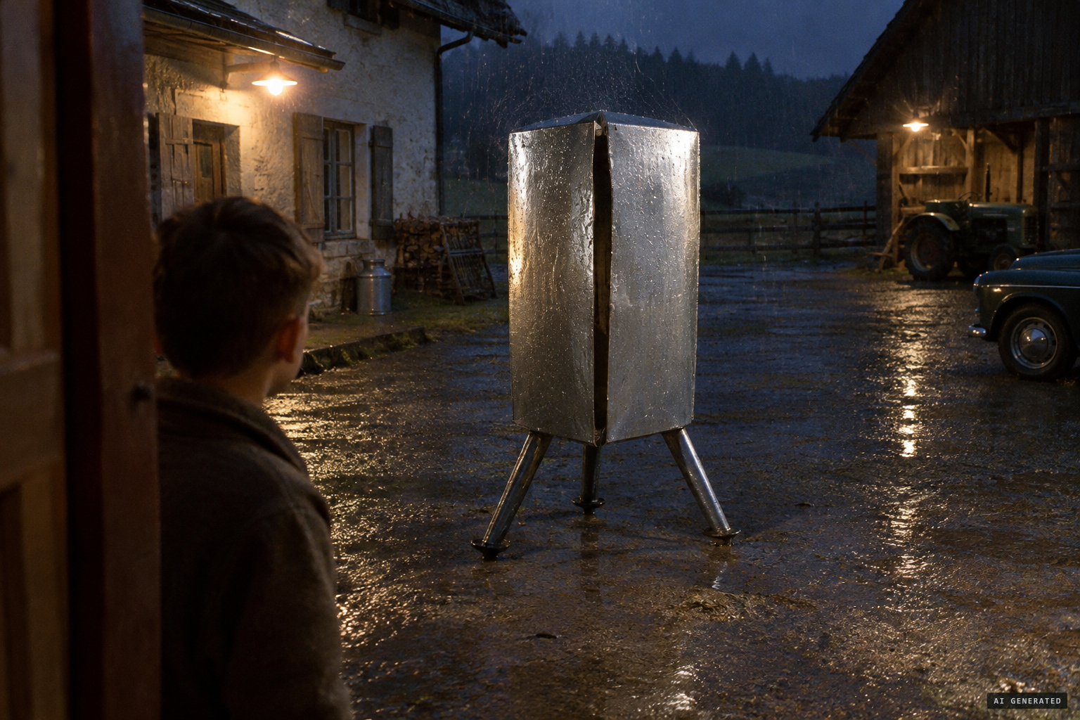 The upright, shiny box on angled legs, lit by the farm lamps