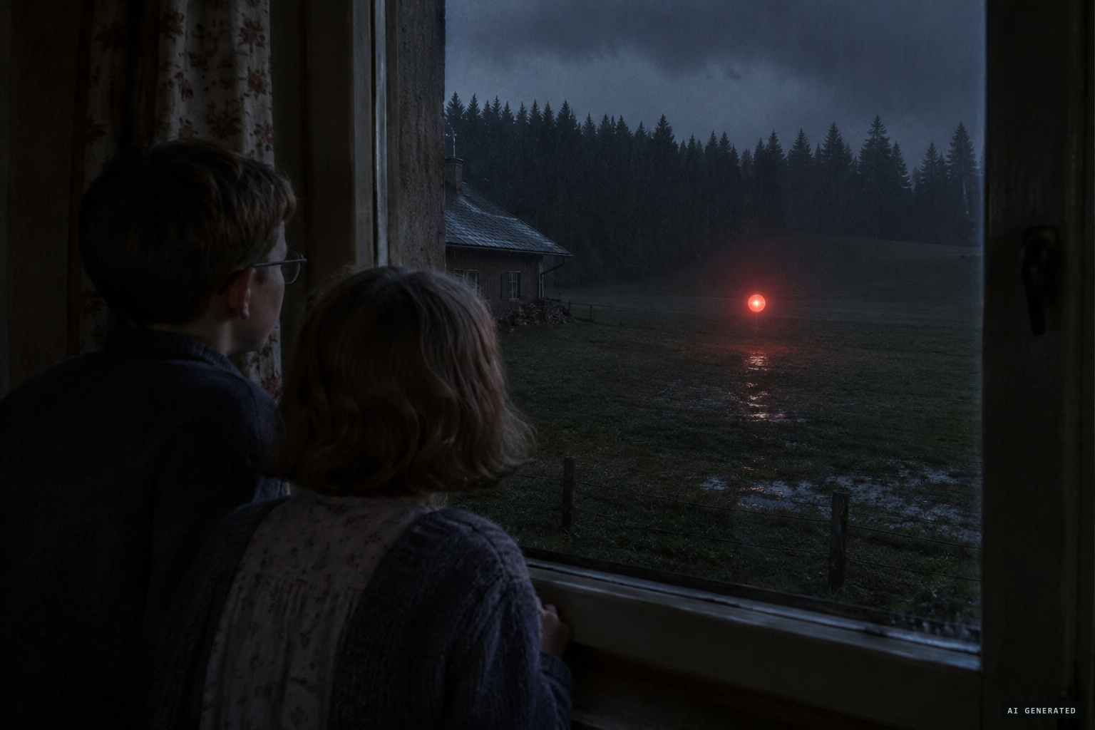 Raymond and Jeannine watch the red glowing ball sway over the meadow