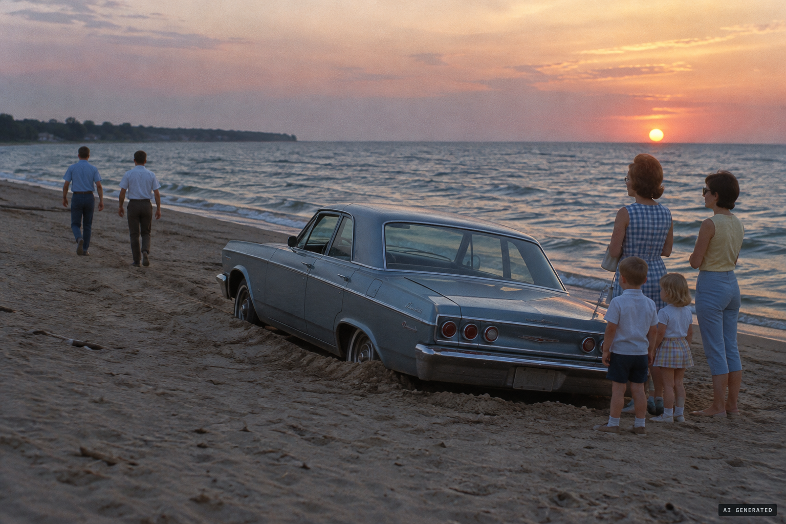 The group's car stuck in the sand at Beach 6, July 31, 1966