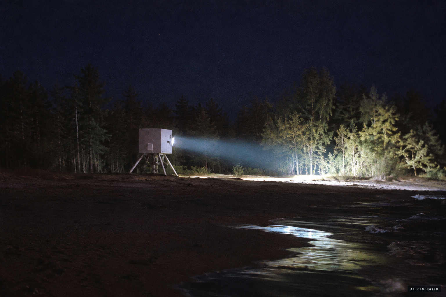 The cube-shaped craft on its tripod gear sweeps a beam across the sand