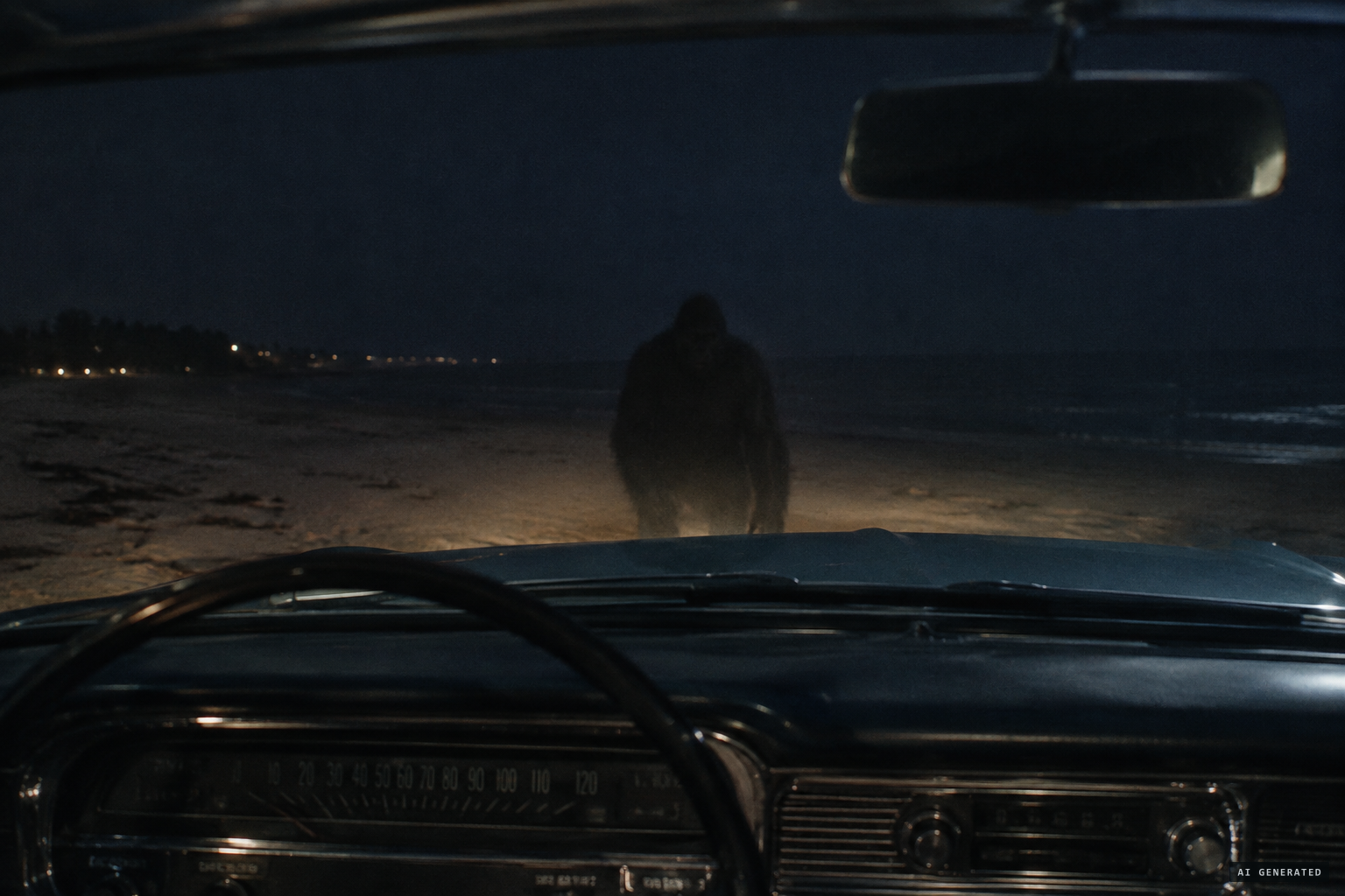 A dark, formless figure approaches the car