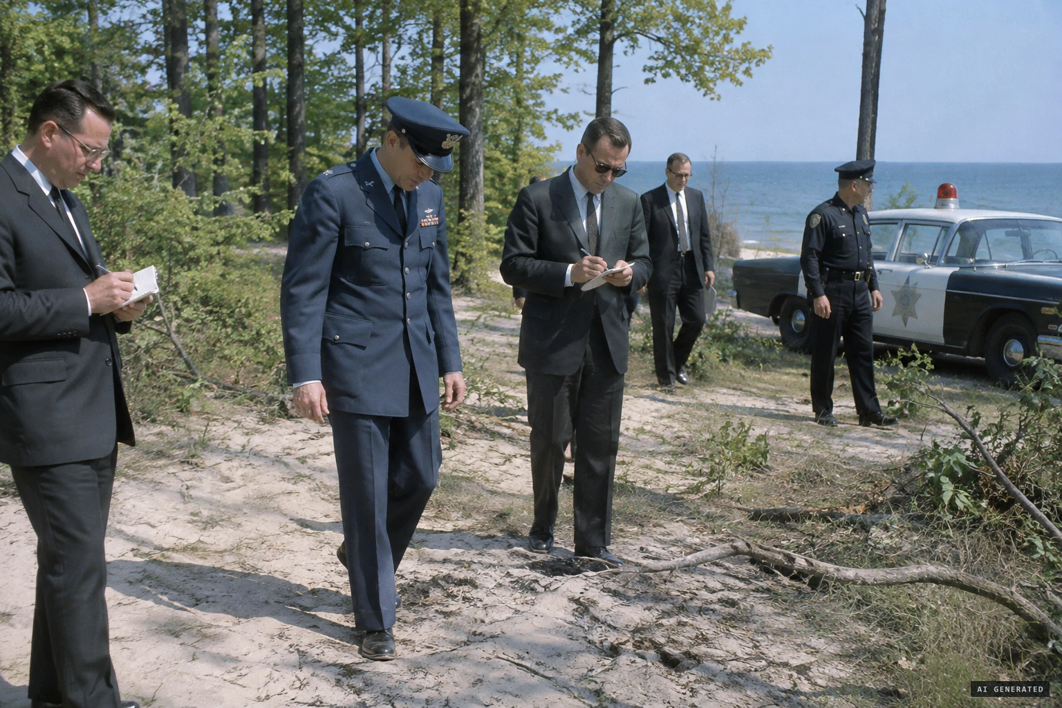 Air Force and NICAP investigators examine the landing site