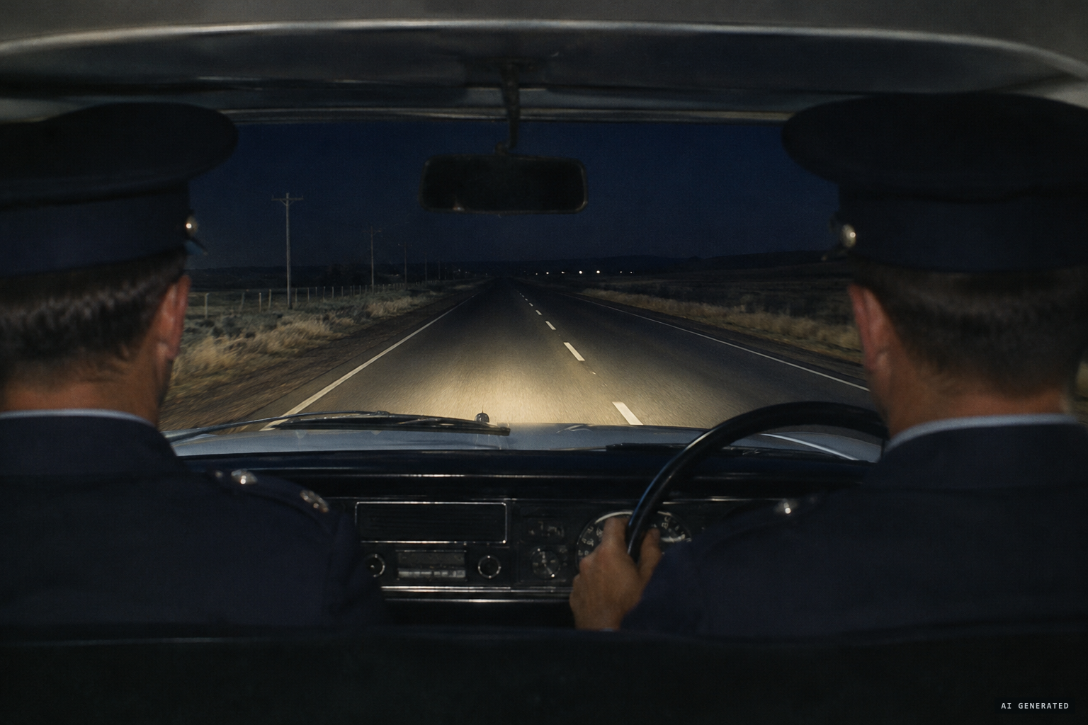 Two South African Police officers patrol the highway out of Pretoria toward Bronkhorstspruit, September 1965.